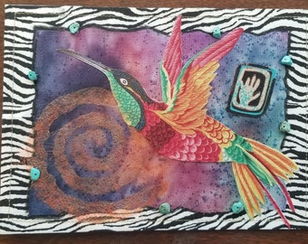 Hummingbird  Art Cards with Envelopes - Original Quilted fabric Collage Art- 5" x 7"-