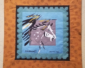 Contemporary quilted wall hanging with horse- Battle Cry by S. Hickman- Vintage fabric and beading- 15" x 15"