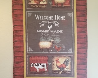 Quilted Modern Farmhouse  "Welcome Home" Wall Hanging in Old Barn red and Coachman gray, with sweet sayings