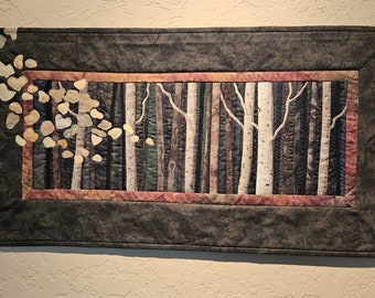 Quilted Fall Landscape- "Into the Woods"  Original appliqued wall quilt