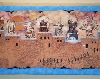 Southwestern Appliqued Art: "Keeping Watch" -  Original painted, quilted and beaded fabric collage