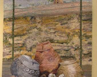 Southwestern Art Quilt- "History at Tumacacori" -  Original appliqued/quilted landscape wall hanging