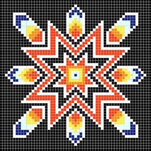 Può includere: Un design a stella simmetrico a otto punte con uno schema di colori rosso, arancione, giallo e blu. La stella è su uno sfondo nero.