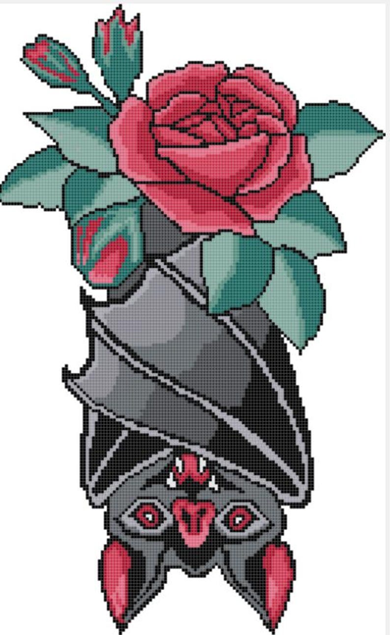 Traditional Americana Tattoo Style Bat With Roses - Cross Stitch ...