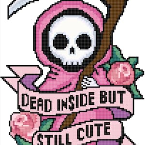 May include: Pink pixel art illustration of a cartoon Grim Reaper with a scythe and a banner that reads "Dead inside but still cute".