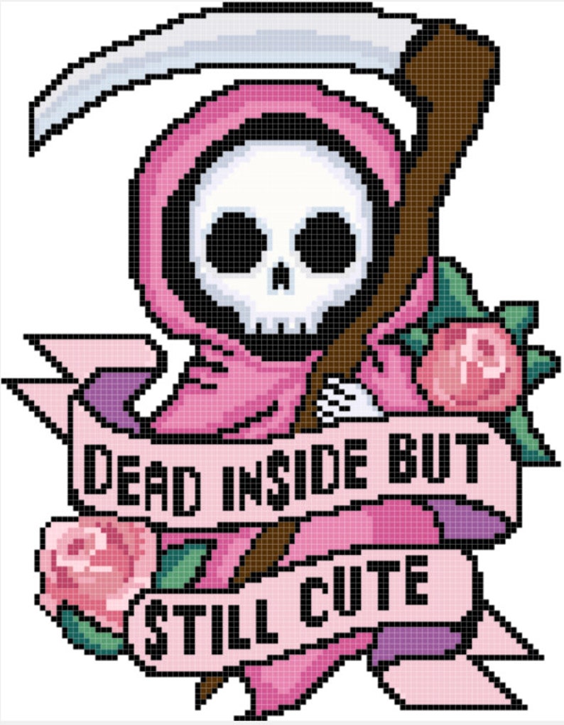 May include: Pink pixel art illustration of a cartoon Grim Reaper with a scythe and a banner that reads "Dead inside but still cute".