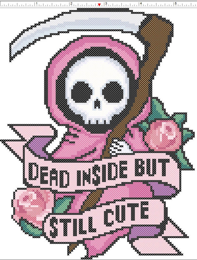 May include: Pink and black pixel art of a cartoon grim reaper with a scythe and flowers. The reaper has a skull face and is wearing a pink robe. The text on the banner reads "Dead inside but still cute".