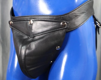 Back to Basics! Our classic all leather jock with interchangeable codpiece in soft Black leather.