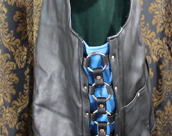 Black Leather Western Style Ringed and Lined Vest