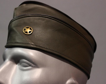 Military Olive Green Leather Garrison Cap with Brass Star Concho