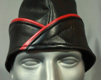 Black Leather Garrison Cap With Colored Piping