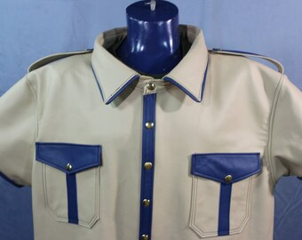Sir Tom Matt's Collection - Leather Dress Shirt in Cream and Blue