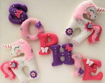 Felt Name Banner for kids room, Gift for baby shower, Unicorn Horse Butterfly Hearts Rainbow Pastels Brights Any theme