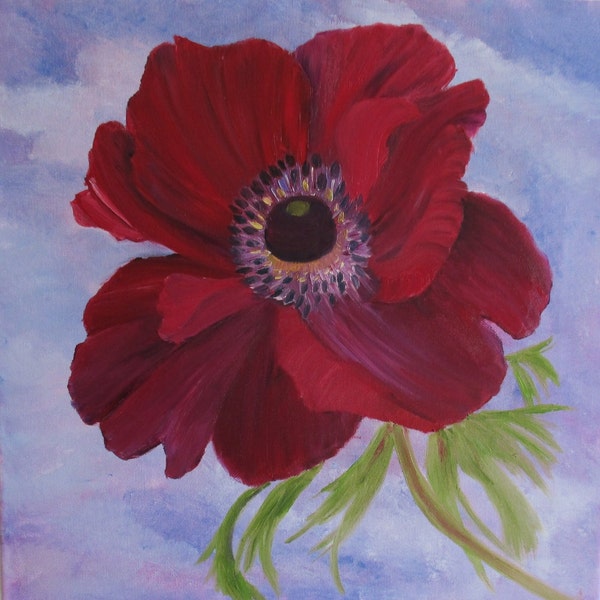 anemone painting, flower painting burgundy anemone, original painting, fine art