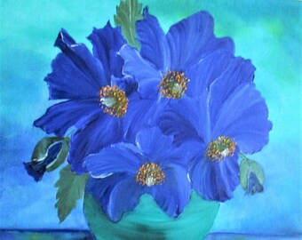 blue Poppies, poppies on canvas, original oil painting,