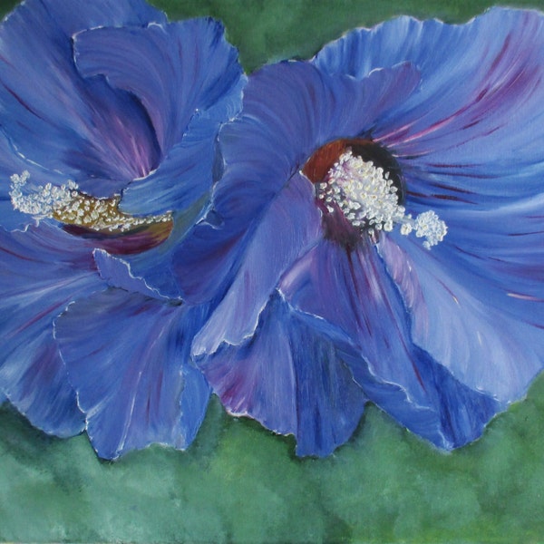 Peinture de fleurs, peinture hibiscus, art pariétal, art floral, peinture à l’huile original, fine art, hibiscus violet bleu