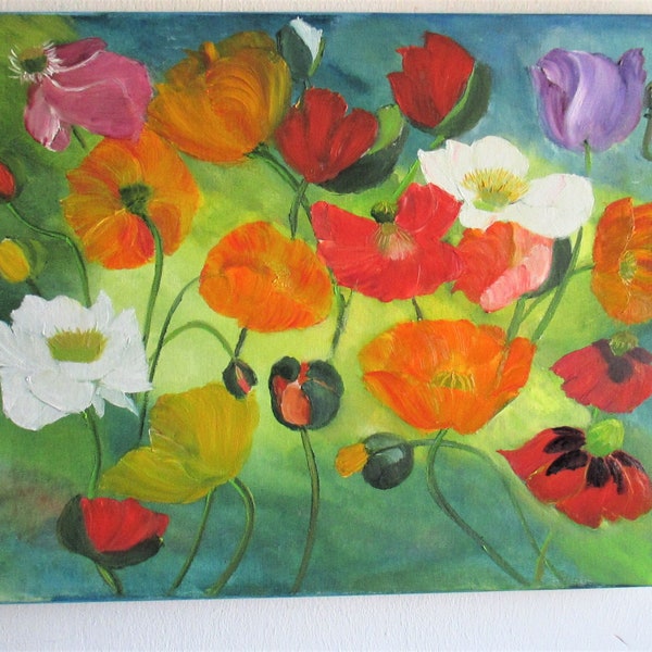 Poppy Painting, Abstract Flower Wall Art,  Canvas oil Painting, Impasto Modern Art, Textured Floral Landscape, Poppy Field