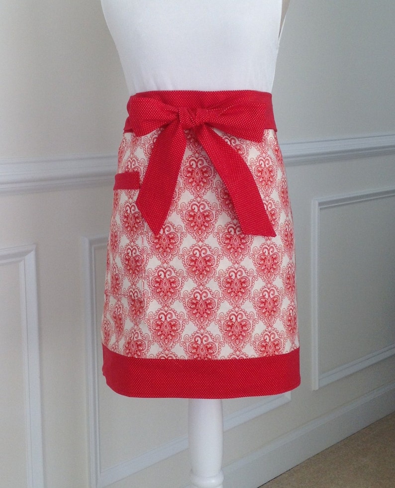 Red Filigree Medallions on Creamy White with Red Dotted Trim Double-sided Half Apron