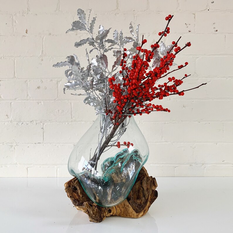 Hand Blown Glass Vase on Wooden Base Etsy