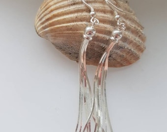 Long tassel earrings in 925 silver, flat snake chain with balls on the ends,