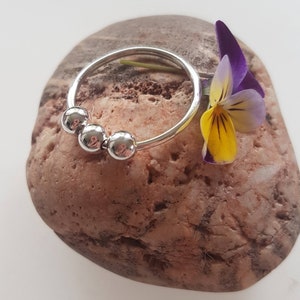 May include: A silver ring with three round beads, resting on a brown and white stone. A purple and yellow flower is next to the ring.