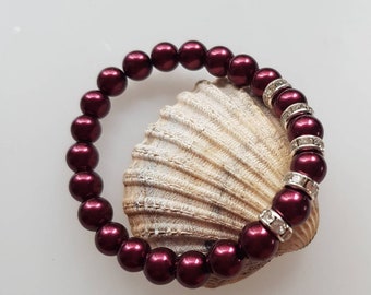 Maroon  glass pearls with Rhinestone spacer bracelet