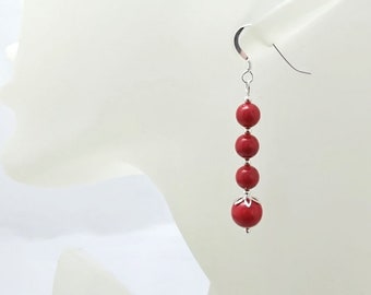 Red Earrings With Premium Pearls Stack & Sterling Silver, Unique Design Elegant Bridesmaids Earrings, Prom, June Birthstone Gift, Wedding
