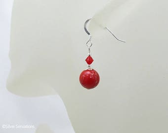 Tomato Red Impression Jasper Beaded Earrings With Premium Crystals & Sterling Silver, Gemstone Earrings, Earrings Gift for Mum Under 15GBP