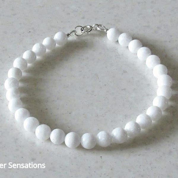 Bright White Agate Sterling Silver Bracelet, Slim White Beaded Bracelet, Simple White Bracelet, Layering Gemstones Bracelet Gift, Under 20