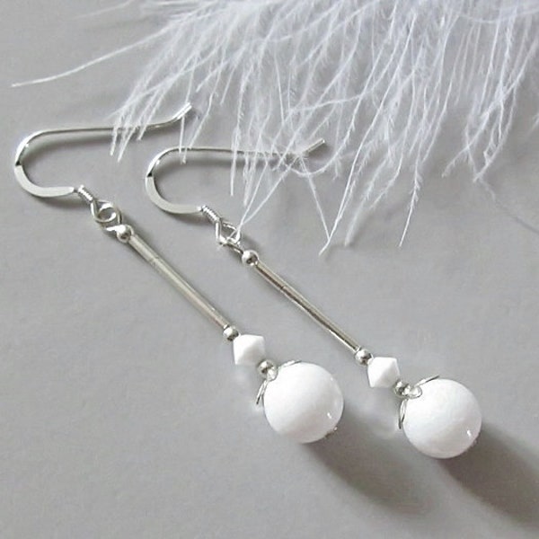 Bright White Agate Drop Earrings With Swarovski Crystals & Sterling Silver, Elegant White Beads With Silver Tubes, Gift For Her Under 20