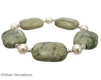 Pastel Green & Cream Peace Jade Chunky Bracelet With Premium Pearls and Sterling Silver, Beaded Stretch Bracelet, Gift for Mothers Day