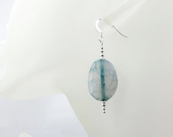 Blue Dragon's Vein Agate Earrings With Sterling Silver, Chunky Blue Earrings, Beaded Earrings For Her, Semi Precious Gemstone Earrings