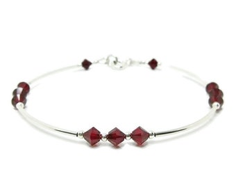 Ruby Red Premium Crystals & Sterling Silver Tubes Bracelet, Bridesmaids Bracelet, Elegant Wedding Bangle Bracelet, All Colours Available