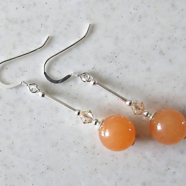 Peach Jade Earrings With Sterling Silver Tubes, Ladies Long Orange Beaded Earrings, Gift For Her, Unique Design Gemstone Drop Earrings