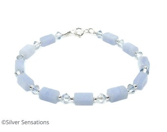 Blue Lace Agate & Sterling Silver Bracelet With Swarovski Crystals, Slim Blue Bracelet, Genuine Gemstones Bracelet, Bespoke Ladies Bracelet