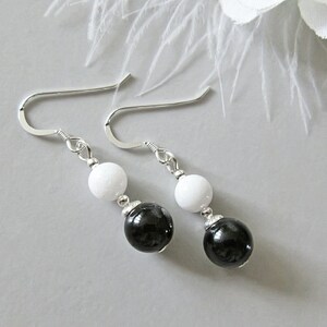 Dainty Black & White Gemstone Earrings With Sterling Silver, Short Dangly Earrings, Handmade Onyx and Agate Earrings, Gift for Mum Under 15