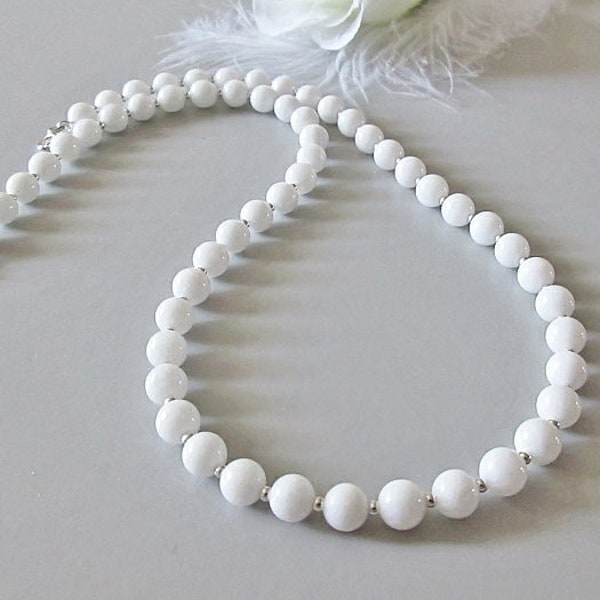 Pure White Agate & Sterling Silver 6mm Beaded Necklace, White Gemstone Beads Necklace, 16, 18, 20 or 22 inch Necklace, Gemini Birthday Gift