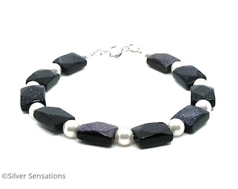 Sparkly Navy Blue Goldstone Faceted Beads Bracelet With White Swarovski Pearls &  Sterling Silver, Elegant Designer Bracelet Gift For Her