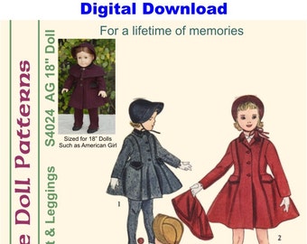 KRVP-4024DD, 18" Doll, Vintage 1950's Coat, Capelet, Hat & Leggings PATTERN, Digital Download