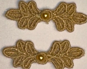 X-Small Frog Closures 1 1/4", pkg of 2, Antique Gold #R13. Machine Embroidered.