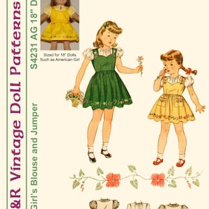 Puede incluir: Patrón de ropa vintage para muñecas de 45 cm, como las muñecas American Girl. El patrón incluye instrucciones para una blusa y un mono. El patrón está disponible para descarga digital. "Sized for 18" Dolls Such as American Girl" y "1949 Girl's Blouse and Jumper" están escritos en el patrón.