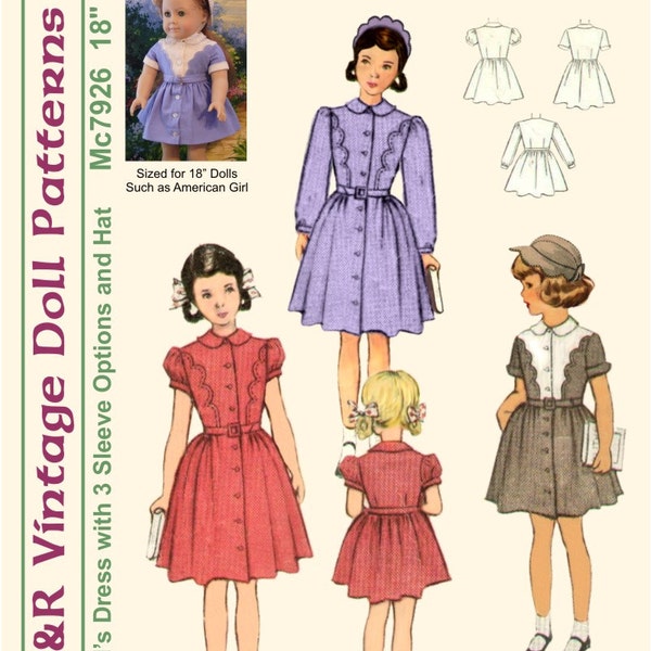 KRVP-7926DD, 18" Doll, Vintage 1940's Dress PATTERN, Digital Download