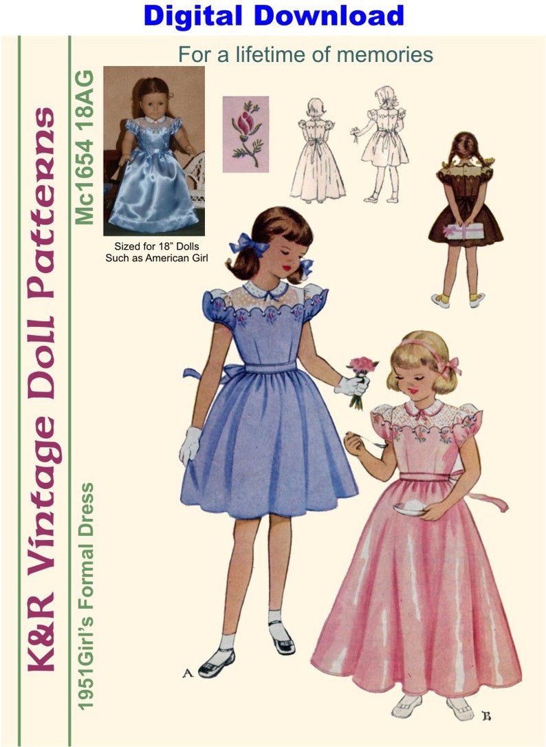 KRVP-1654DD, 18 Doll, Vintage 1950's Formal Dress PATTERN, Digital Download image 1