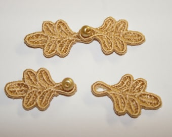 Small Frog Closures 1 3/4", pkg of 2. #R13 ANTIQUE GOLD. Machine Embroidered.