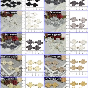 May include: A variety of leaf-shaped decorative clasps in multiple colors, including black, white, silver, and gold. Each clasp features a central pearl and measures approximately 2 inches in length. Ideal for embellishing garments or crafts.