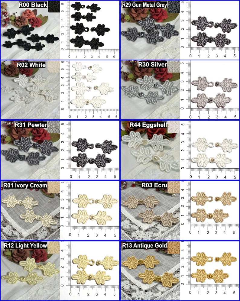 May include: A variety of leaf-shaped decorative clasps in multiple colors, including black, white, silver, and gold. Each clasp features a central pearl and measures approximately 2 inches in length. Ideal for embellishing garments or crafts.