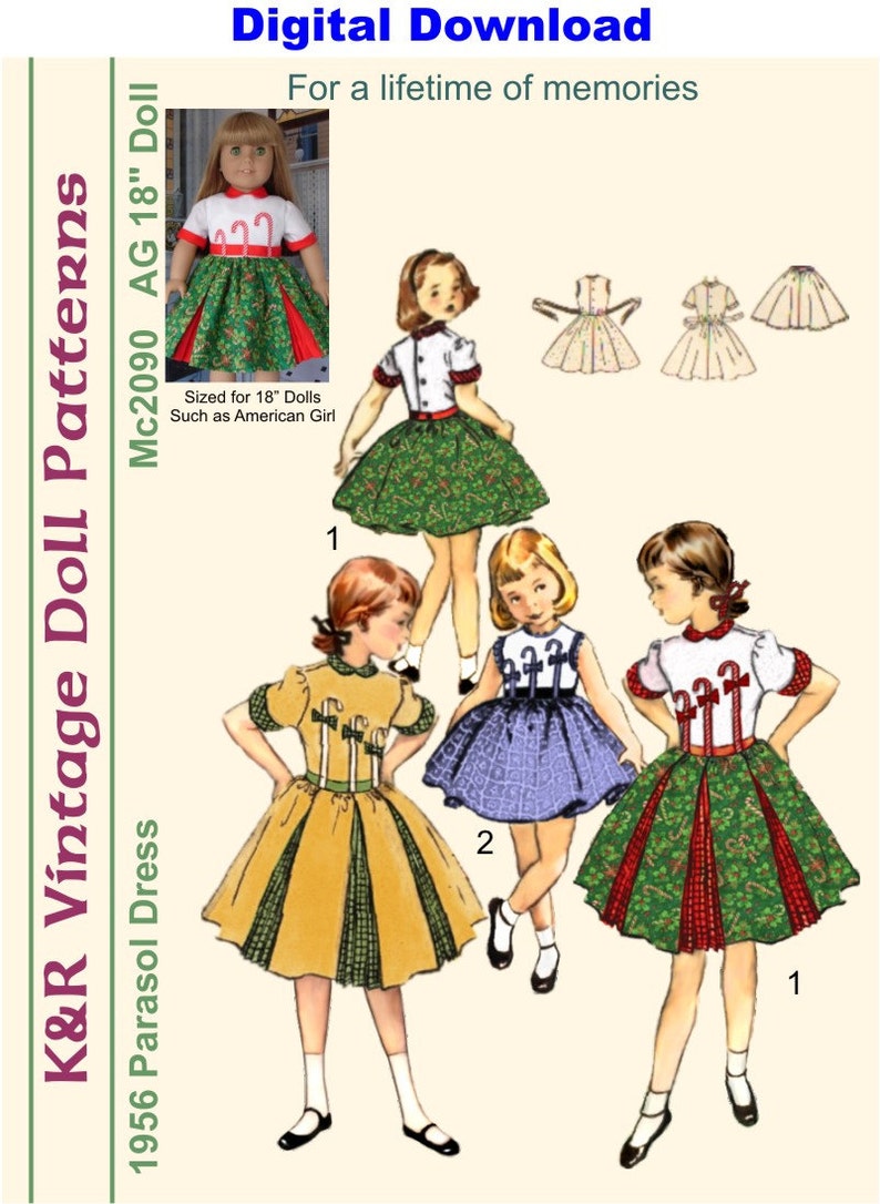 KRVP-2090DD, 18 Doll,Vintage 1950's Dress PATTERN, Digital Download image 1