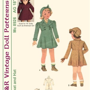 May include: Vintage sewing pattern for a 18-inch doll coat and hat. The pattern includes instructions for making a green coat with puffed sleeves and a brown and white patterned coat. The pattern is titled "K&R Vintage Doll Patterns 1936 Coat and Hat Mc 8926 AG 18" Doll".