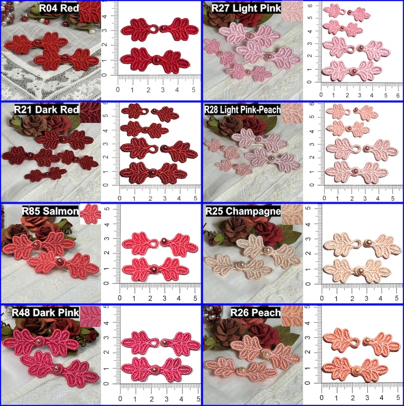 May include: A collection of leaf-shaped fabric embellishments in various colors, including red, pink, and peach. Each piece features a central pearl accent and is displayed with a ruler for size reference. The image showcases a variety of decorative elements.