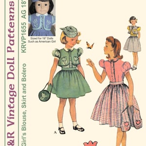 KRVP-1655DD, 18 Doll, Vintage 1950's Blouse, Skirt & Bolero PATTERN, Digital Download image 1